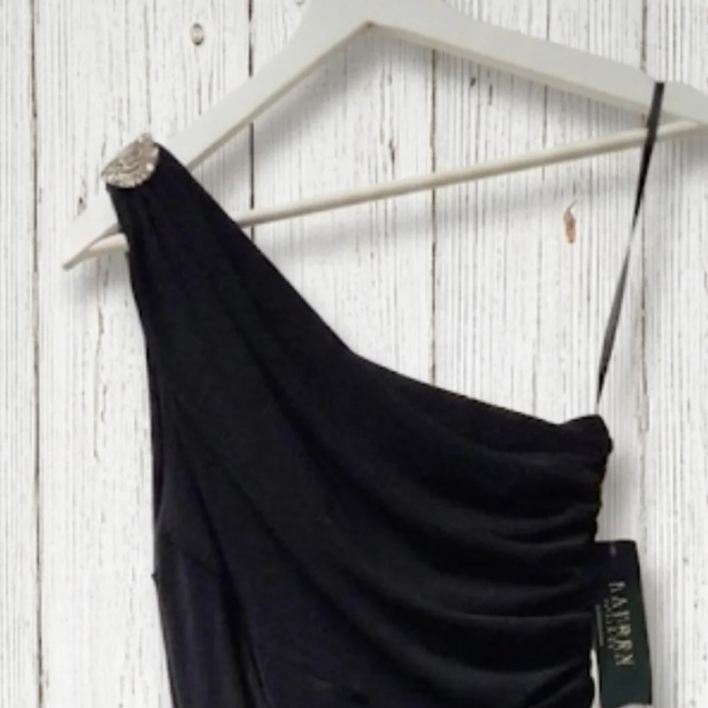 NWT Lauren Ralph Lauren Black One-Shoulder Ruched Gown 4 Tall Friendly Gala - Picture 4 of 16